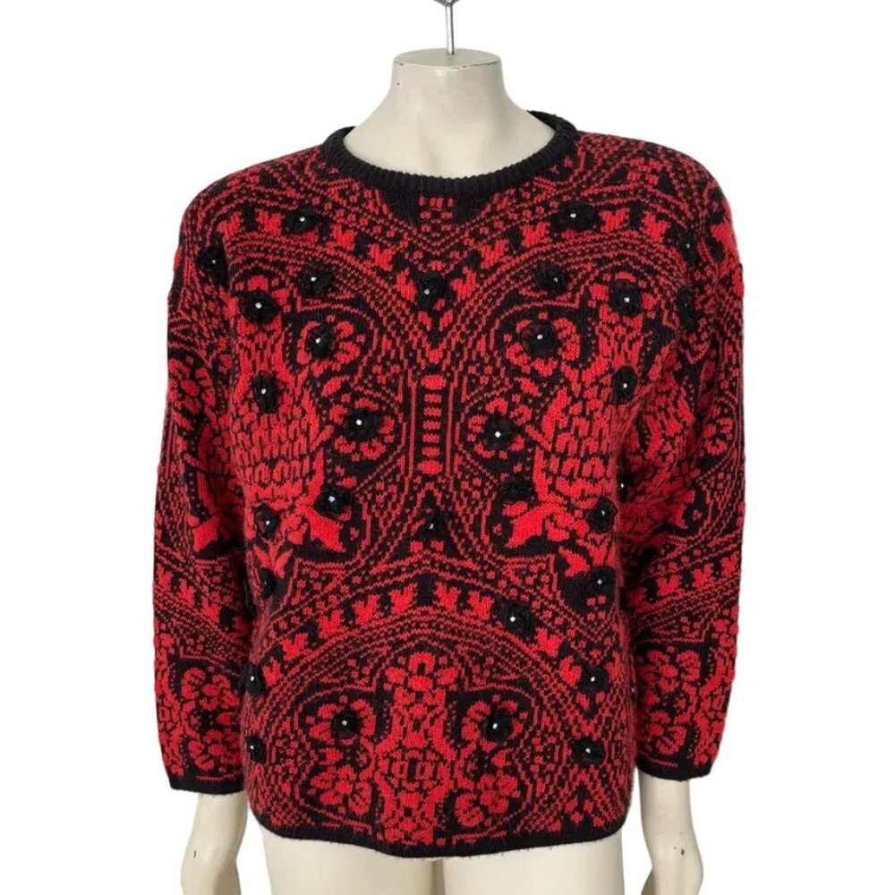 VTG KITTY HAWK by Vivian Wang 3D Lace Flower Rhinestone Artsy Sweater Red Black